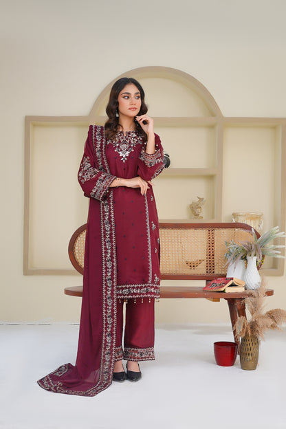 Maroon embroidered stitched dress – ShopDastak